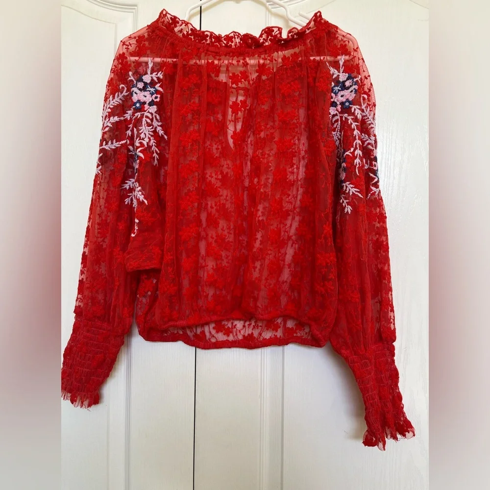 Red Floral Lace Women's Top - Picture 7 of 10